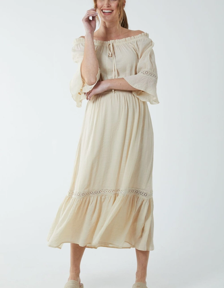 Off Shoulder Elasticated Lace Insert Midi Dress