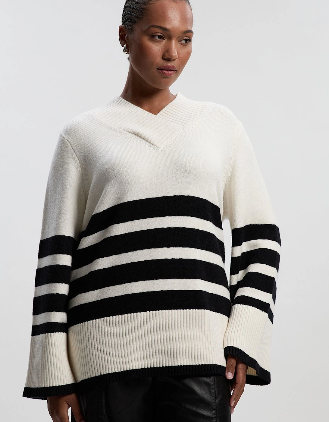 Plus Size Stripe V Neck Split Hem Knitted Jumper, 2 of 1