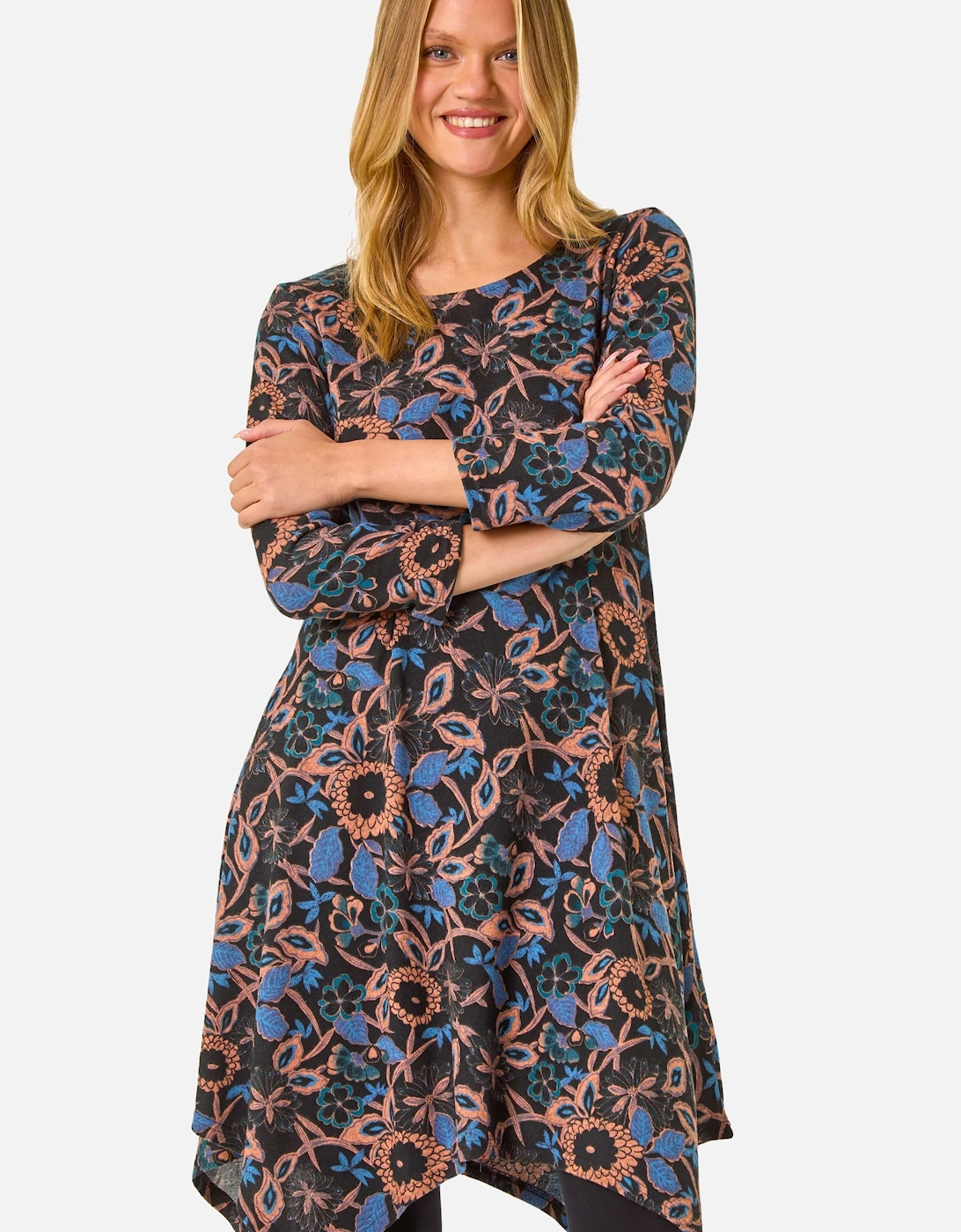 Floral Print Hanky Hem Stretch Dress, 2 of 1