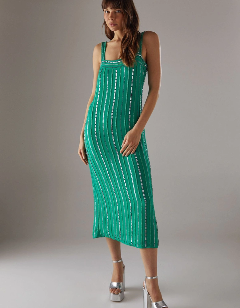 Hand Embellished Sequin Square Neck Strappy Midi Dress