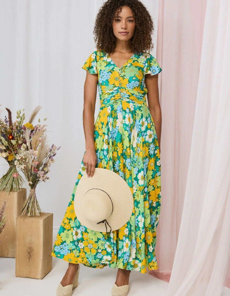 Floral Ruched Cap Sleeve Maxi Dress
