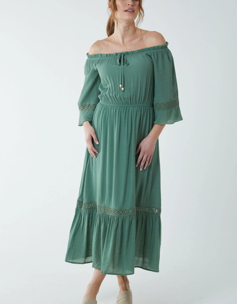 Off Shoulder Elasticated Lace Insert Midi Dress