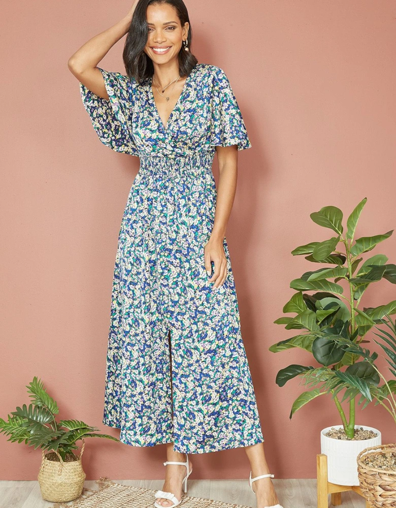 Blue Satin Ditsy Print Wrap Maxi Dress
