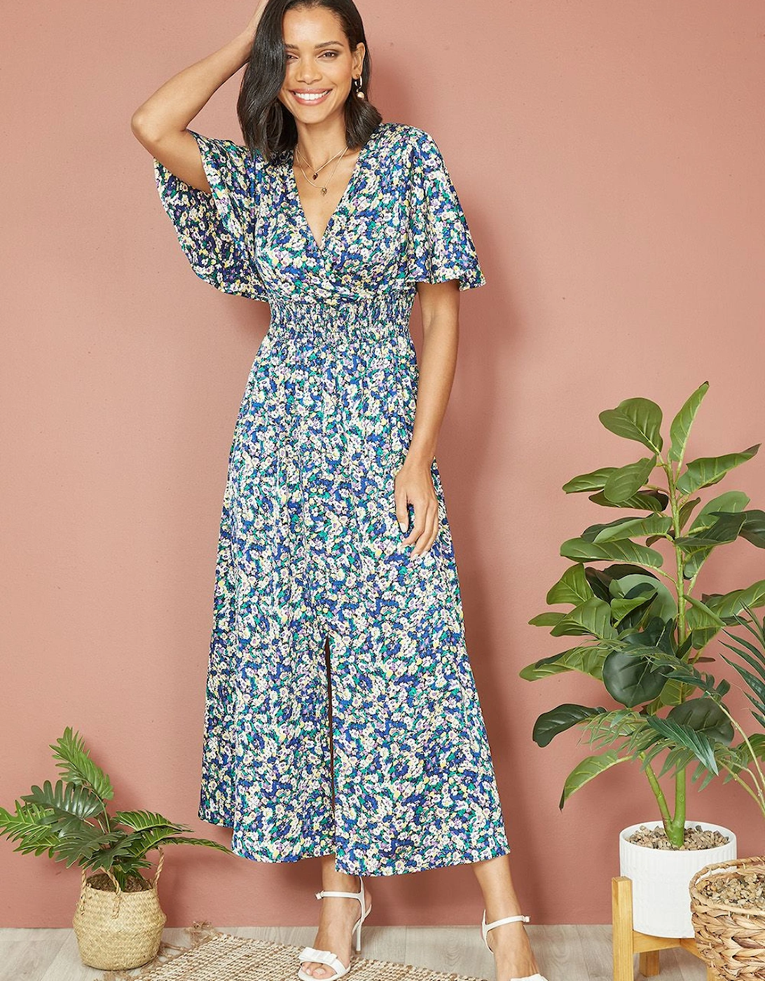 Blue Satin Ditsy Print Wrap Maxi Dress, 2 of 1