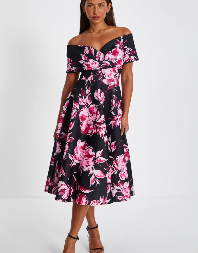Black Floral Bardot Skater Midi Dress