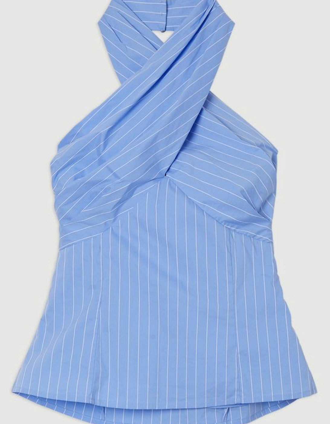 Striped Cotton Poplin Cross Front Halter Neck Blouse With Bow Detail