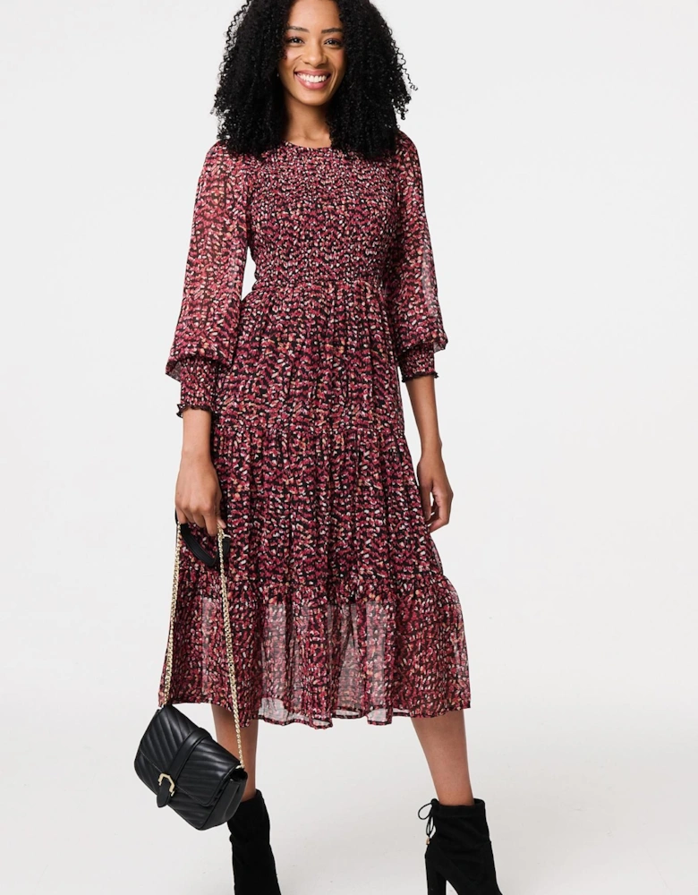 Ditsy Floral Tier Puff Sleeve Midi Dress