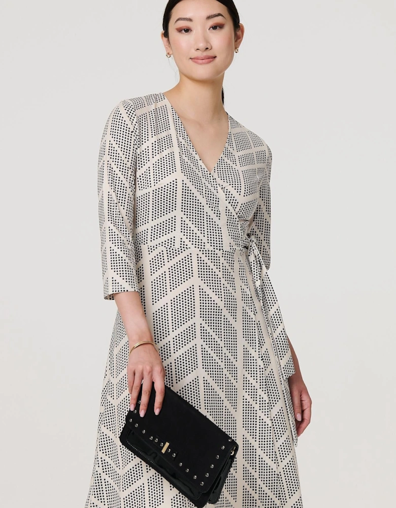 Printed 3/4 Sleeve Knee Length Wrap Dress
