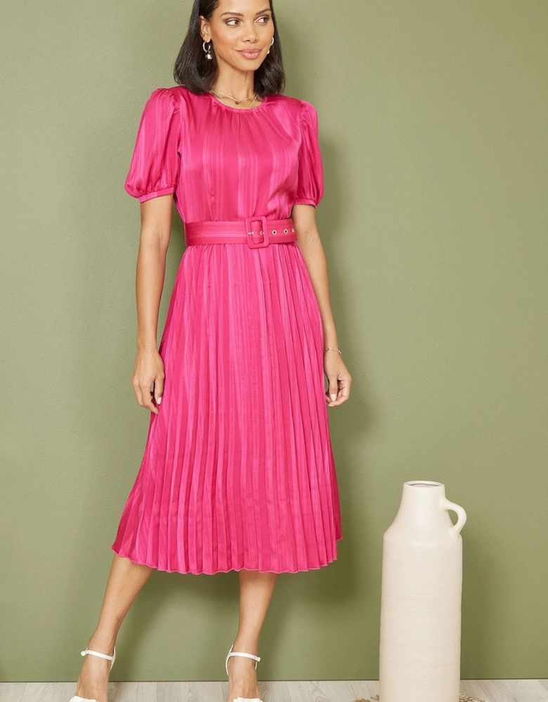 Pink Satin Striped Midi Dress With Pleats and Matching Belt