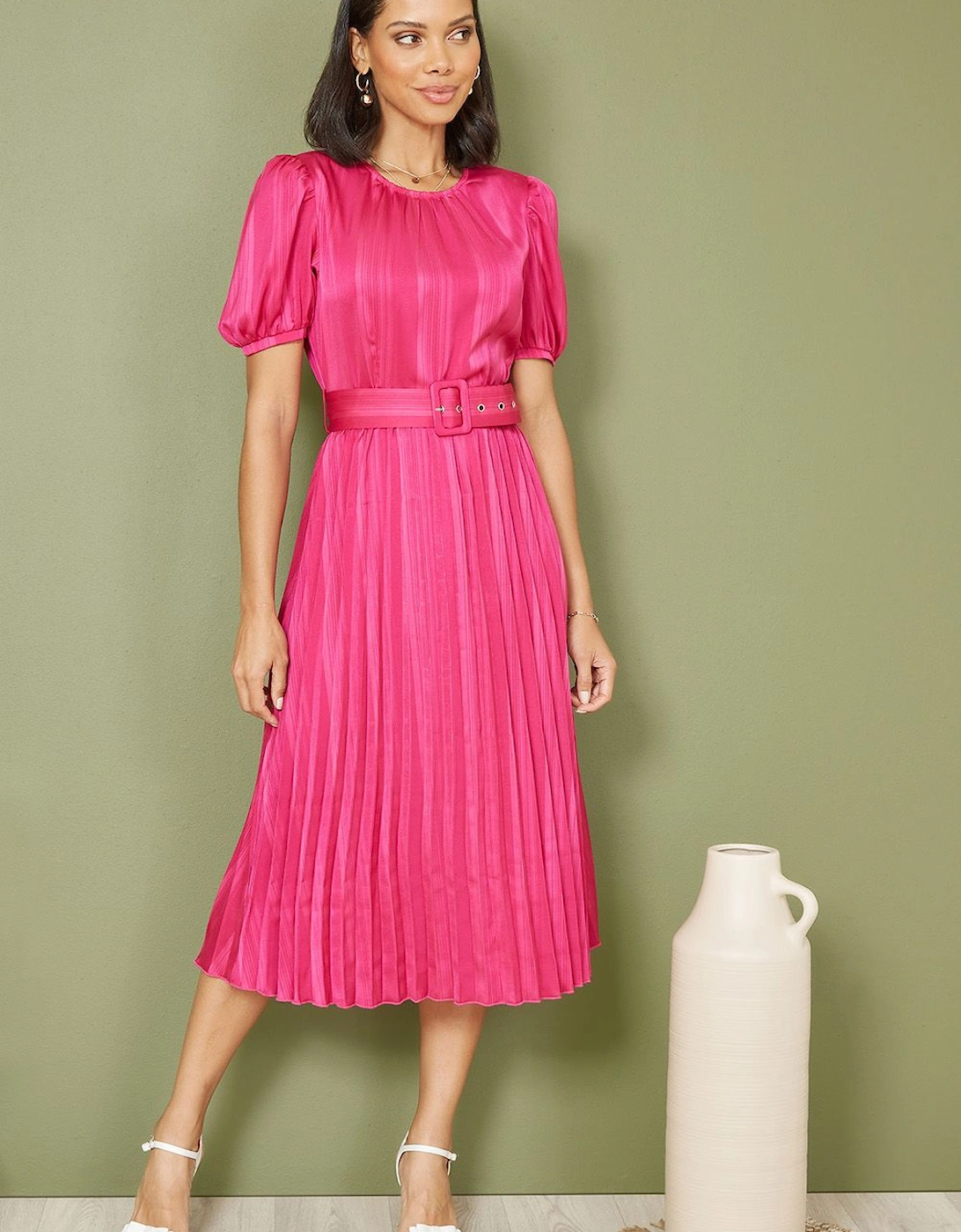 Pink Satin Striped Midi Dress With Pleats and Matching Belt, 2 of 1