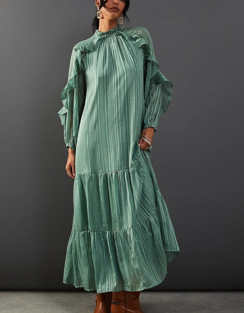 Shadow Stripe Tie Back Neck Ruffle Tier Midi Dress