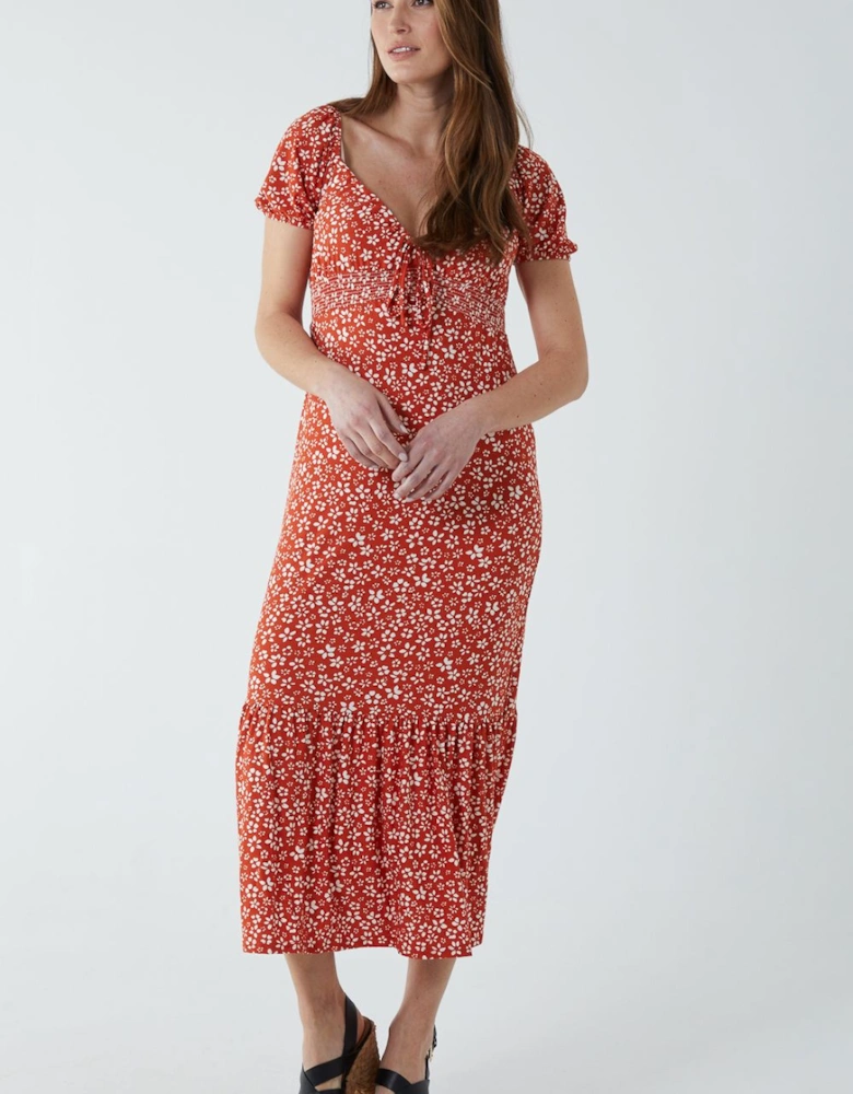 Shirred Milkmaid Sweetheart Midi Dress