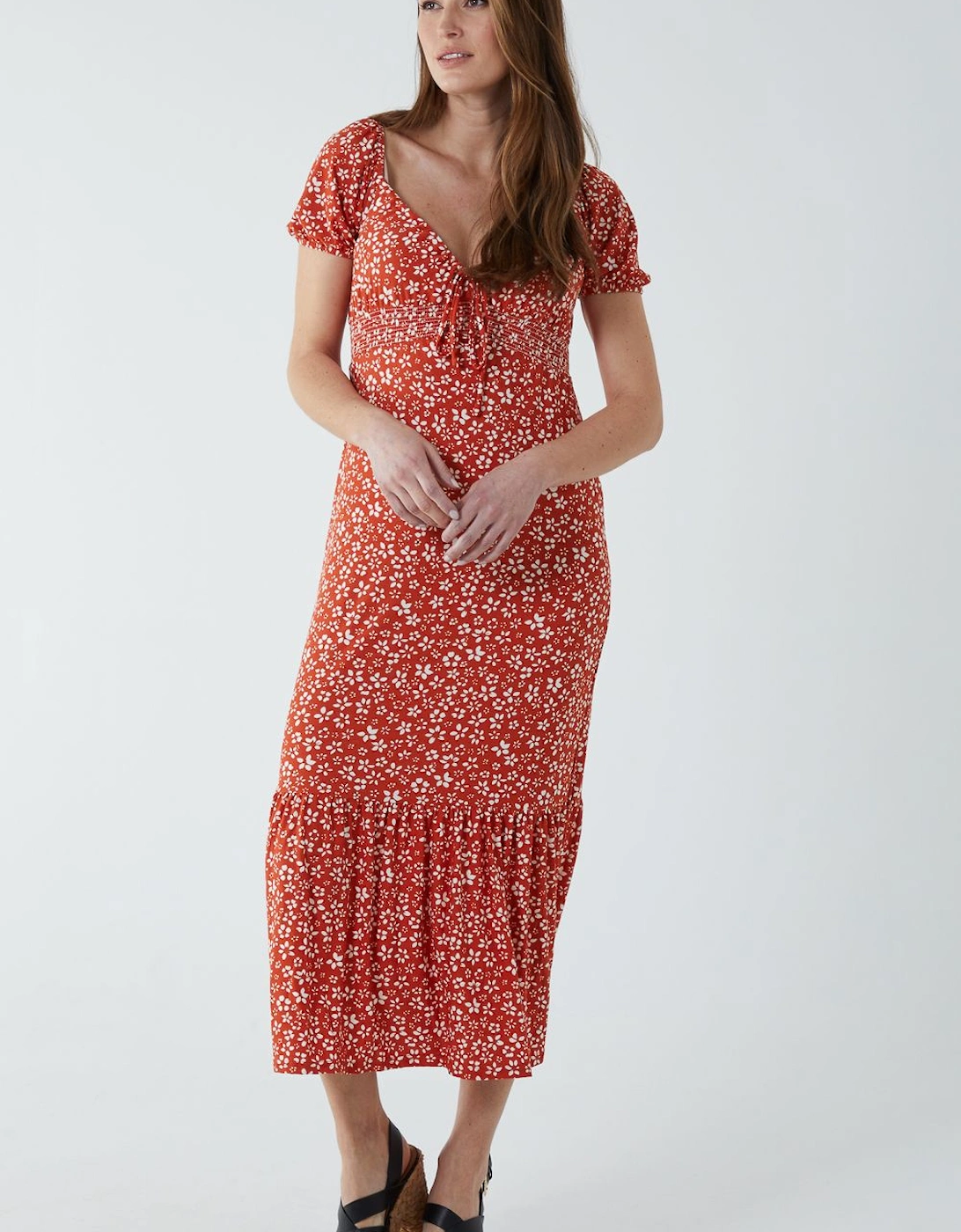 Shirred Milkmaid Sweetheart Midi Dress, 2 of 1