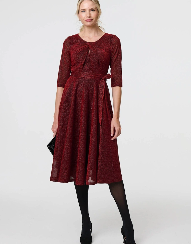 Glitter Mesh Twist Front Midi Dress