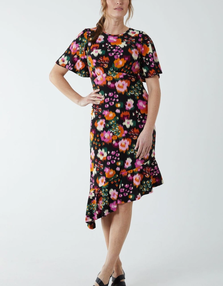 Angel Sleeve Asymmetric Midi Dress