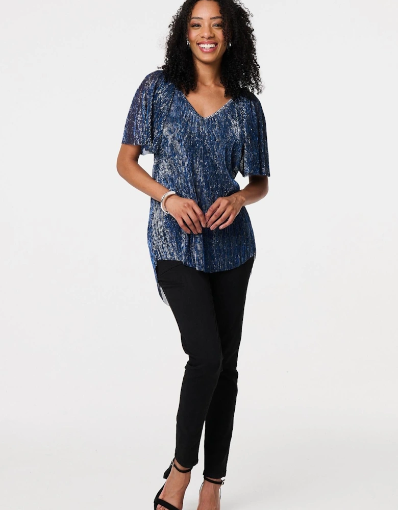 Semi Sheer Glittery Short Sleeve Top