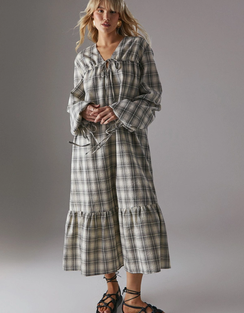 Gathered Channel Detail Check Midi Smock Dress