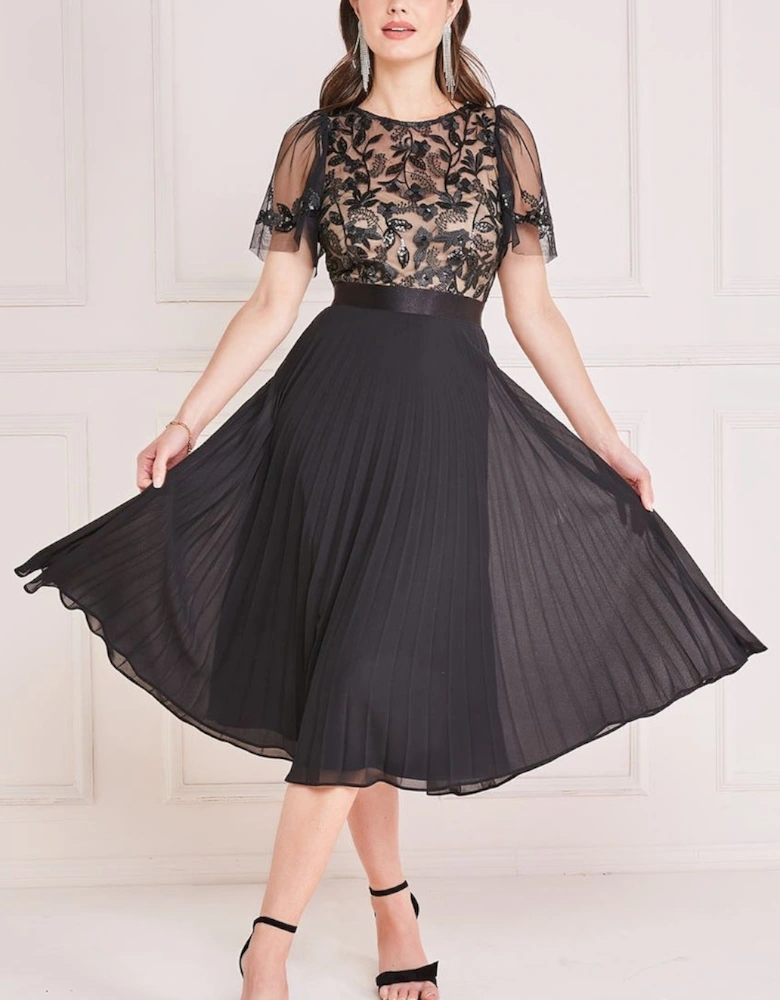 Embroidered Top Chiffon Pleated Midi