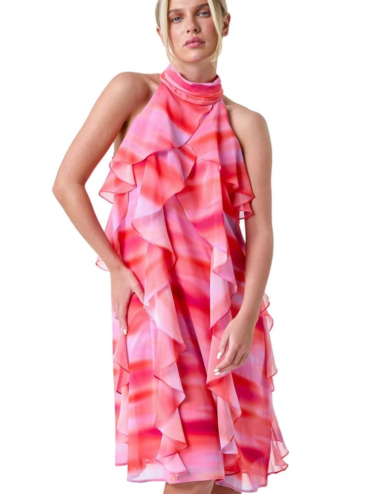 Petite Abstract Halter Neck Ruffle Dress