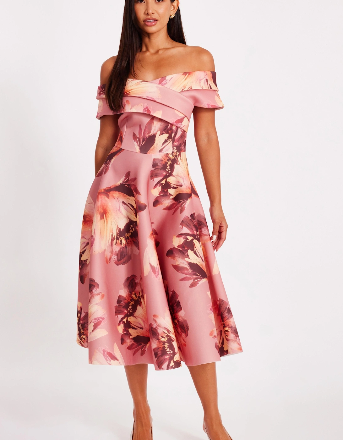 Mauve Floral Bardot Midi Dress, 2 of 1