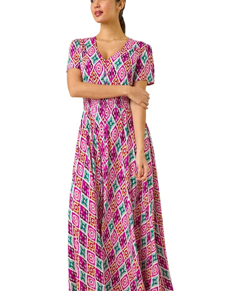 Ikat Print Button Through Maxi Dress