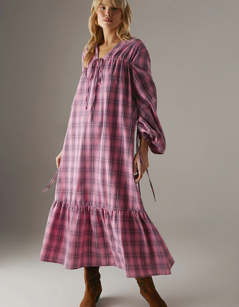 Gathered Channel Detail Check Midi Smock Dress