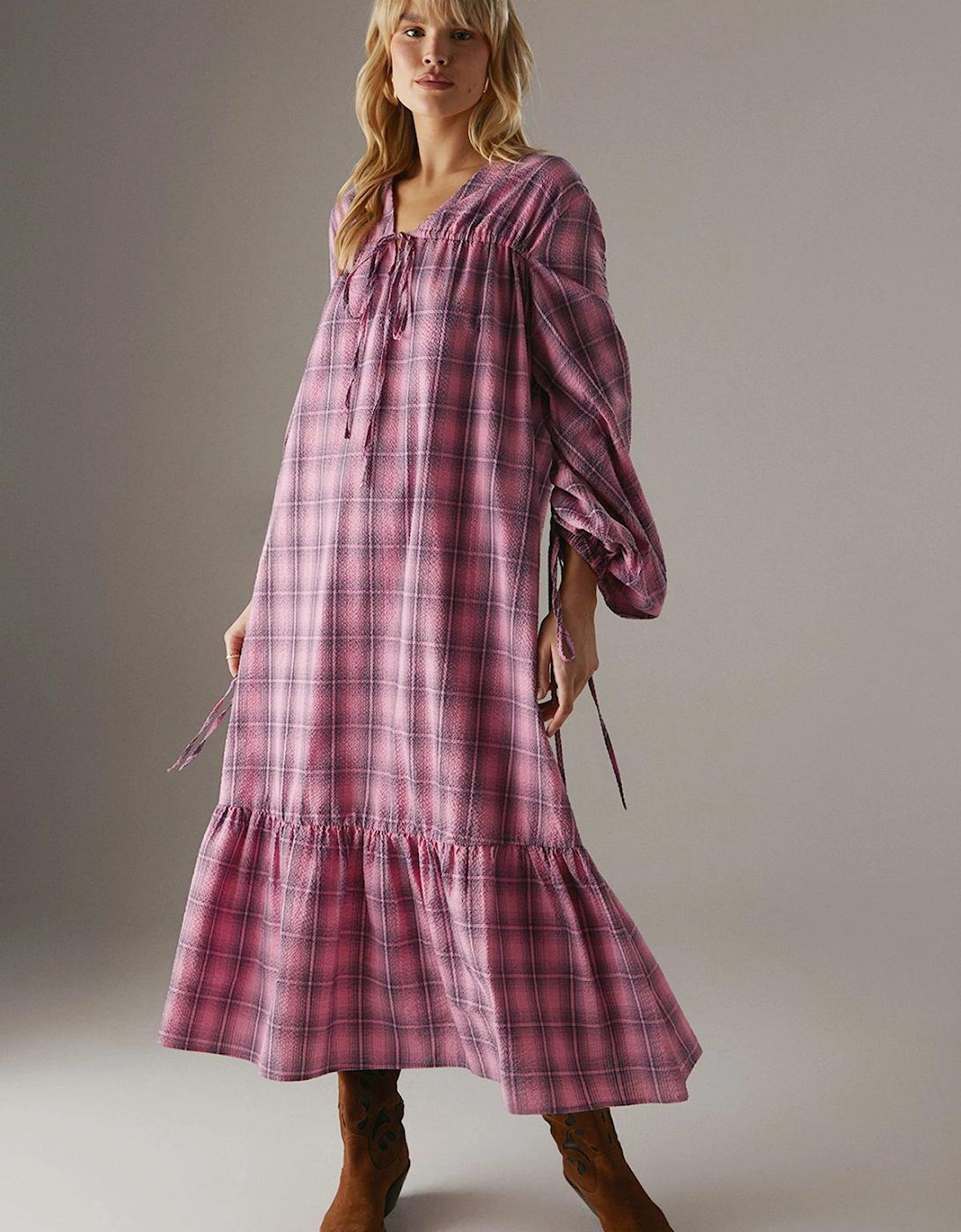 Gathered Channel Detail Check Midi Smock Dress, 2 of 1