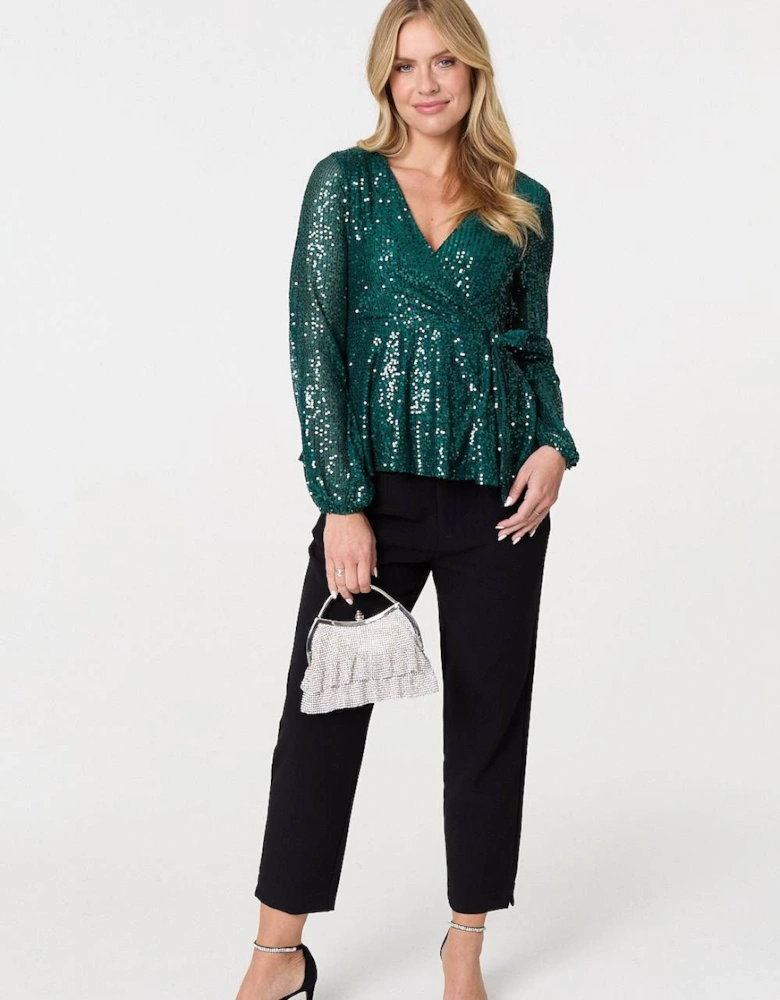 Sequin Embellished Long Sleeve Peplum Top