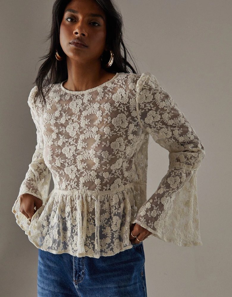 Embroidered Mesh Flare Sleeve Blouse