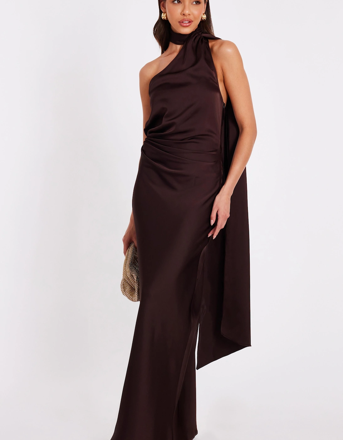 Brown Satin Wrap Neck Maxi Dress, 2 of 1