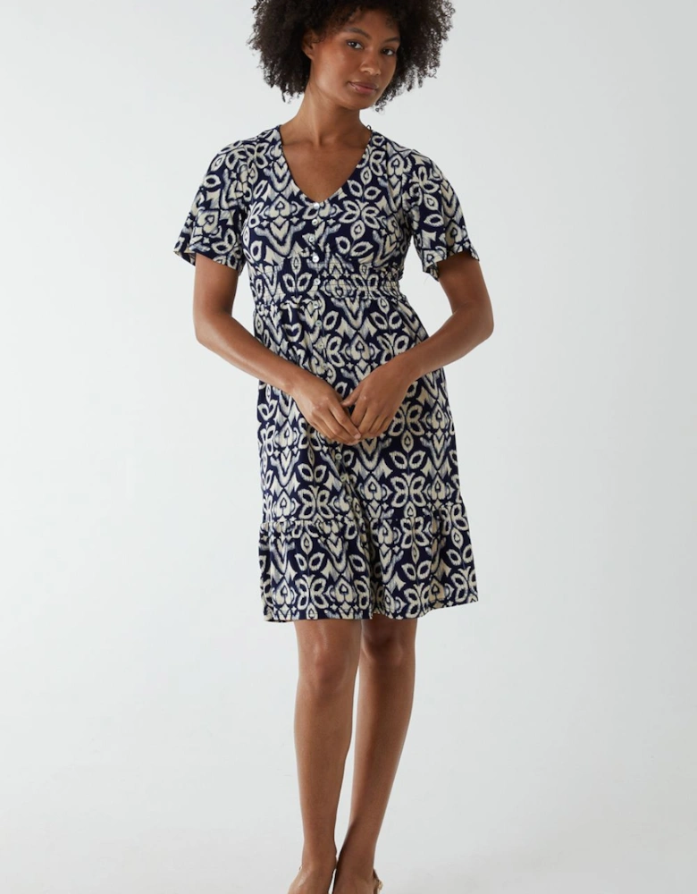V Neck Shirred Mini Tea Dress With Split