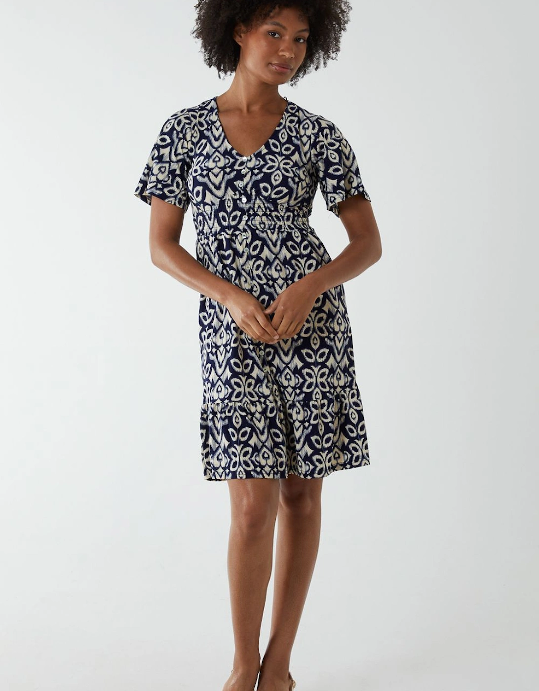 V Neck Shirred Mini Tea Dress With Split, 2 of 1