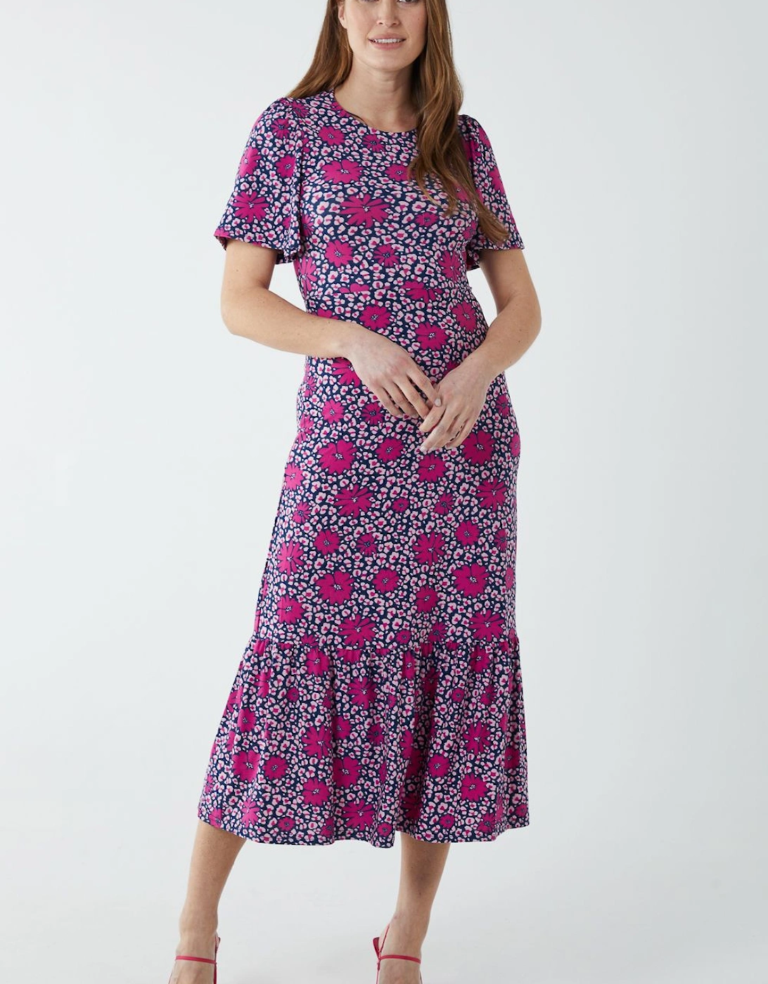Crew Neck Midi Angel Sleeve Tie Back Dress, 2 of 1