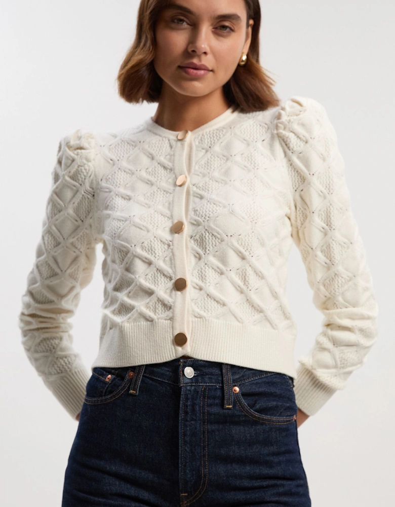 Cable Stitch Puff Sleeve Knit Cardigan