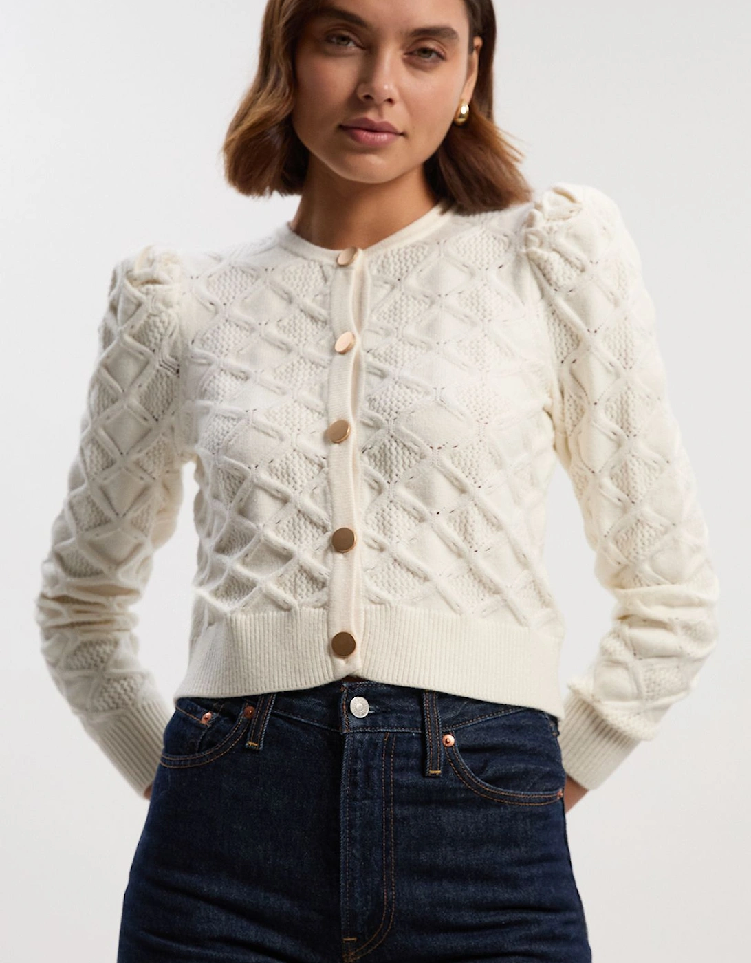 Cable Stitch Puff Sleeve Knit Cardigan, 2 of 1