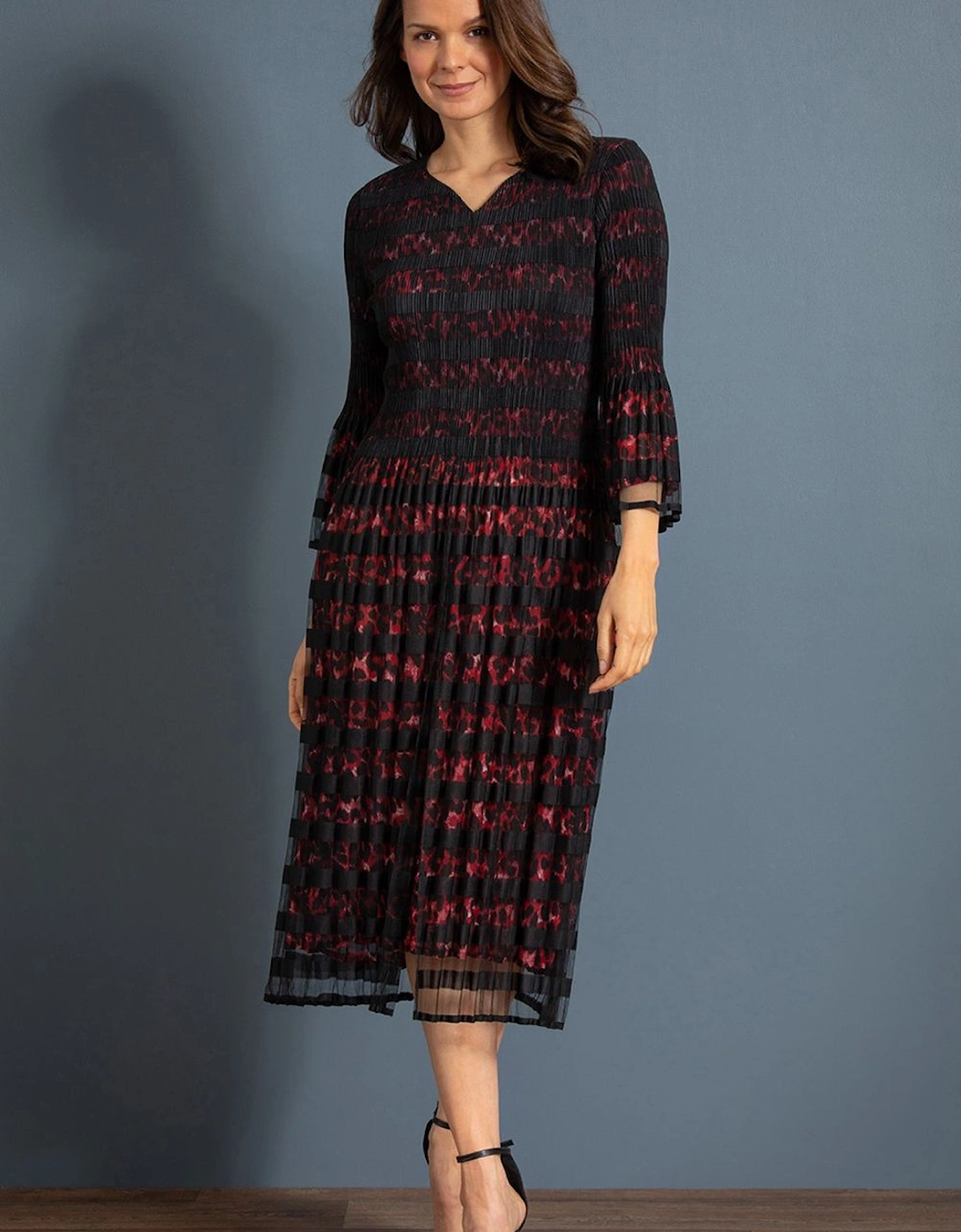 Mesh Layer Pleated Animal Print Midi Dress, 2 of 1