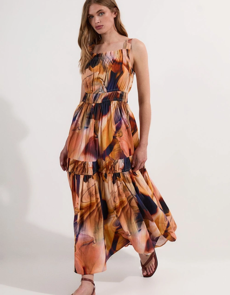 Petite Shirred Cotton Tiered Printed Woven Maxi Dress
