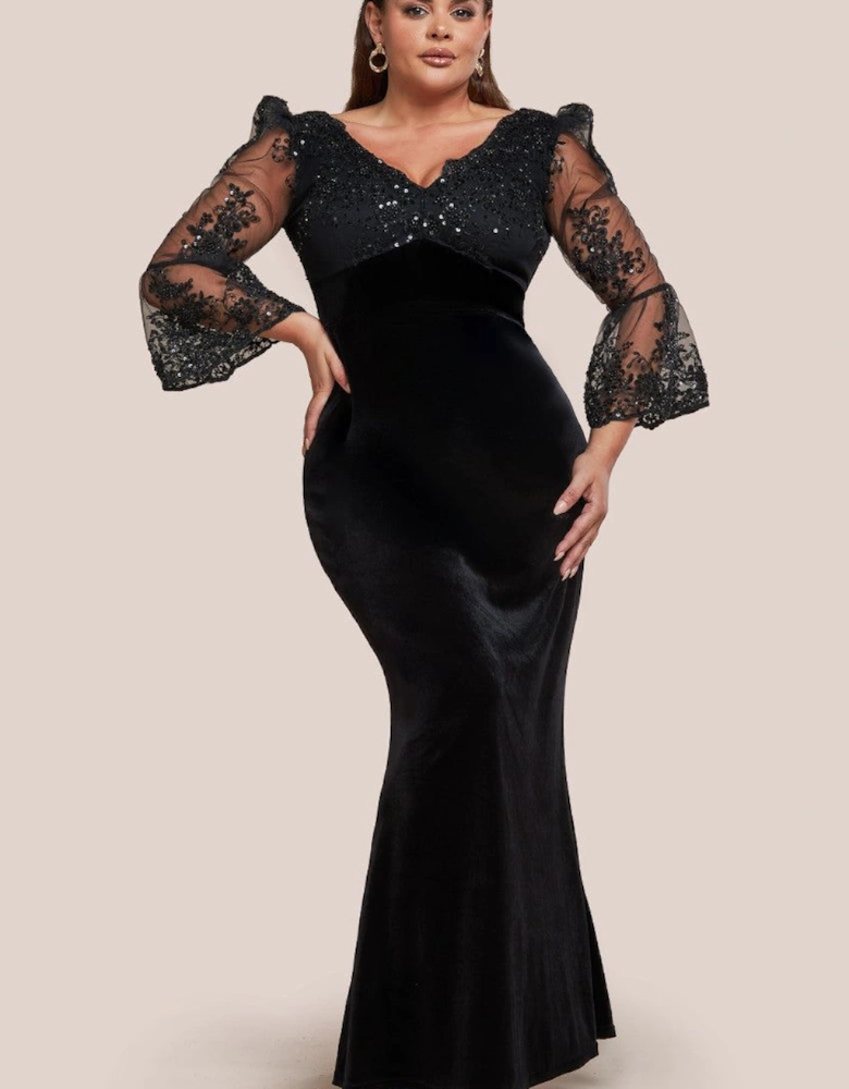 Scalloped Lace & Velvet Maxi Dress