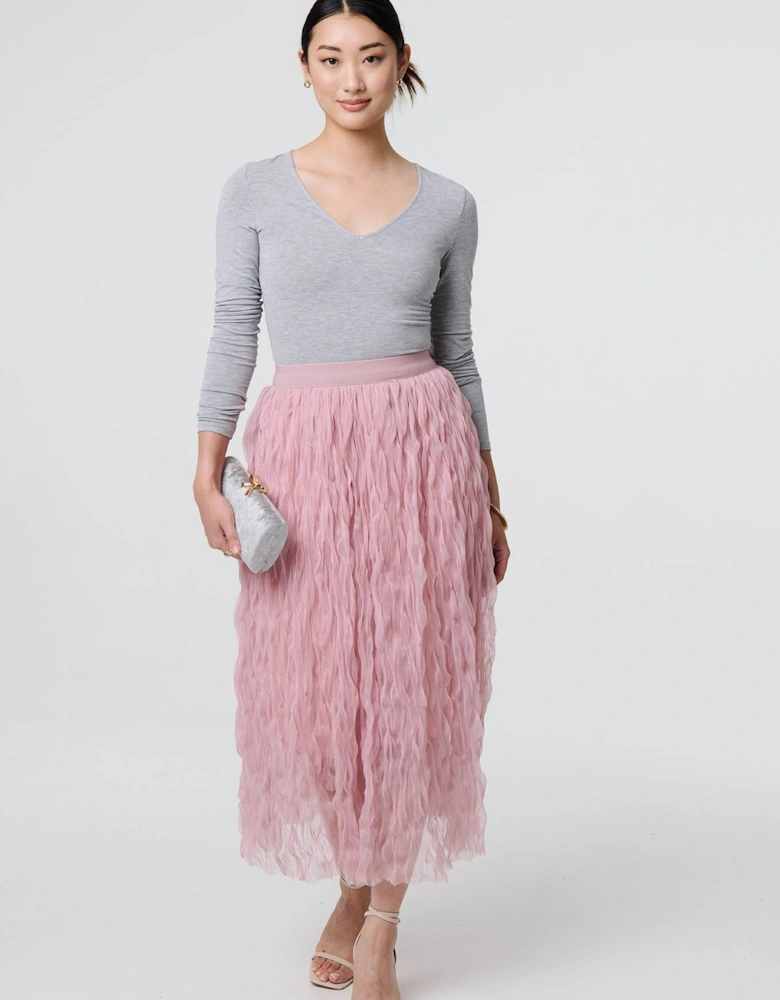 Ruffled High Waist Semi Sheer Midi Skirt