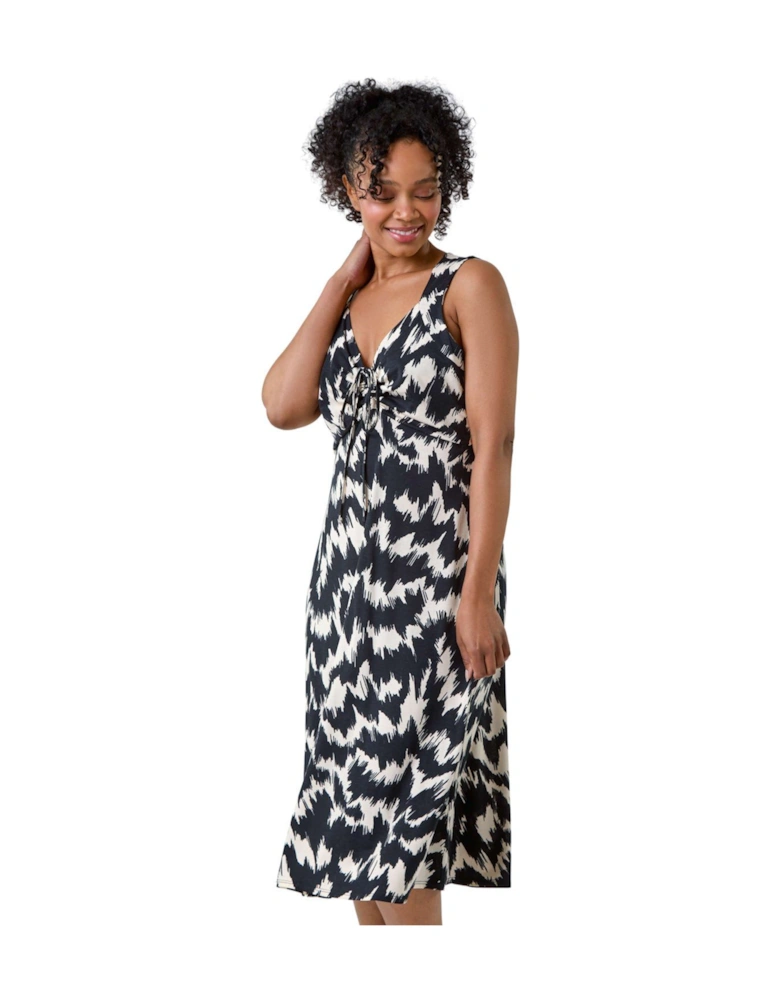Petite Abstract Print Ruched Stretch Midi Dress