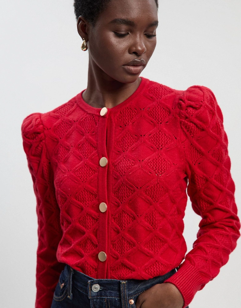 Cable Stitch Puff Sleeve Knit Cardigan
