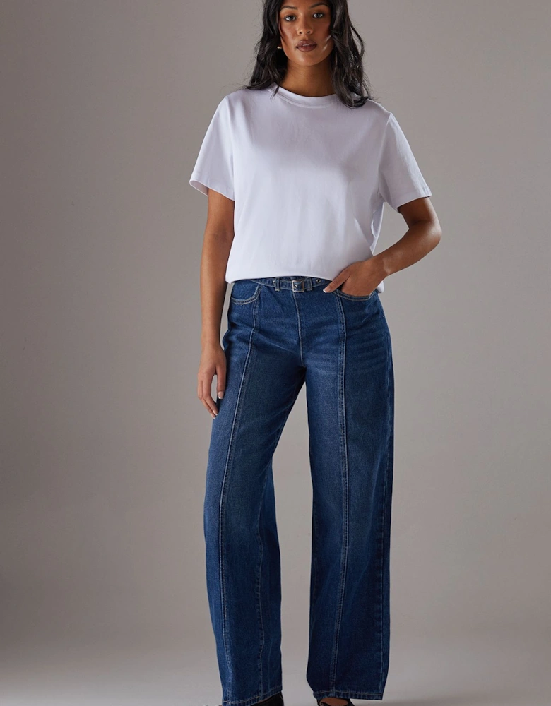 Denim Low Rise Seam Detail Belted Wide Leg Jean