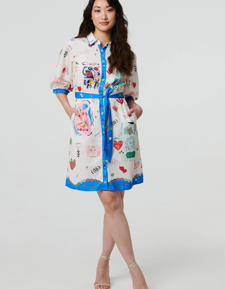 Abstract Tie Waist 3/4 Sleeve Shirt Mini Dress