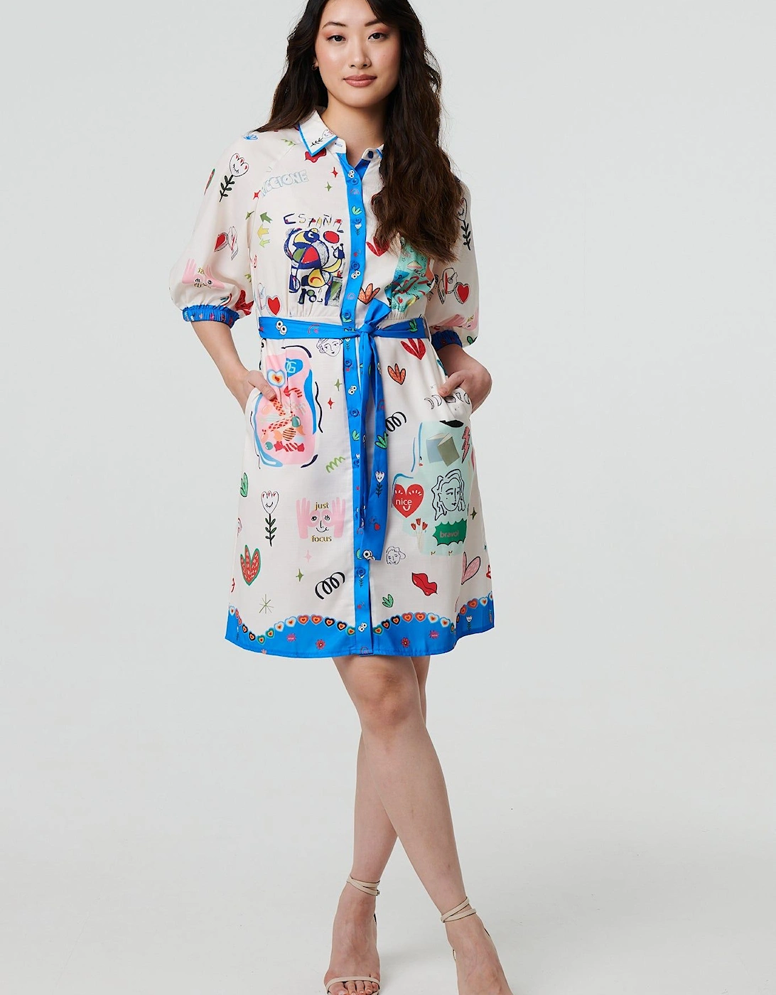 Abstract Tie Waist 3/4 Sleeve Shirt Mini Dress, 2 of 1