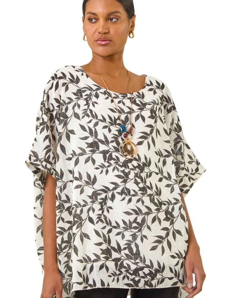 Leaf Print Necklace Detail Tunic Top