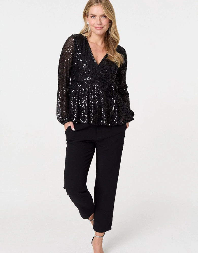 Sequin Embellished Long Sleeve Peplum Top
