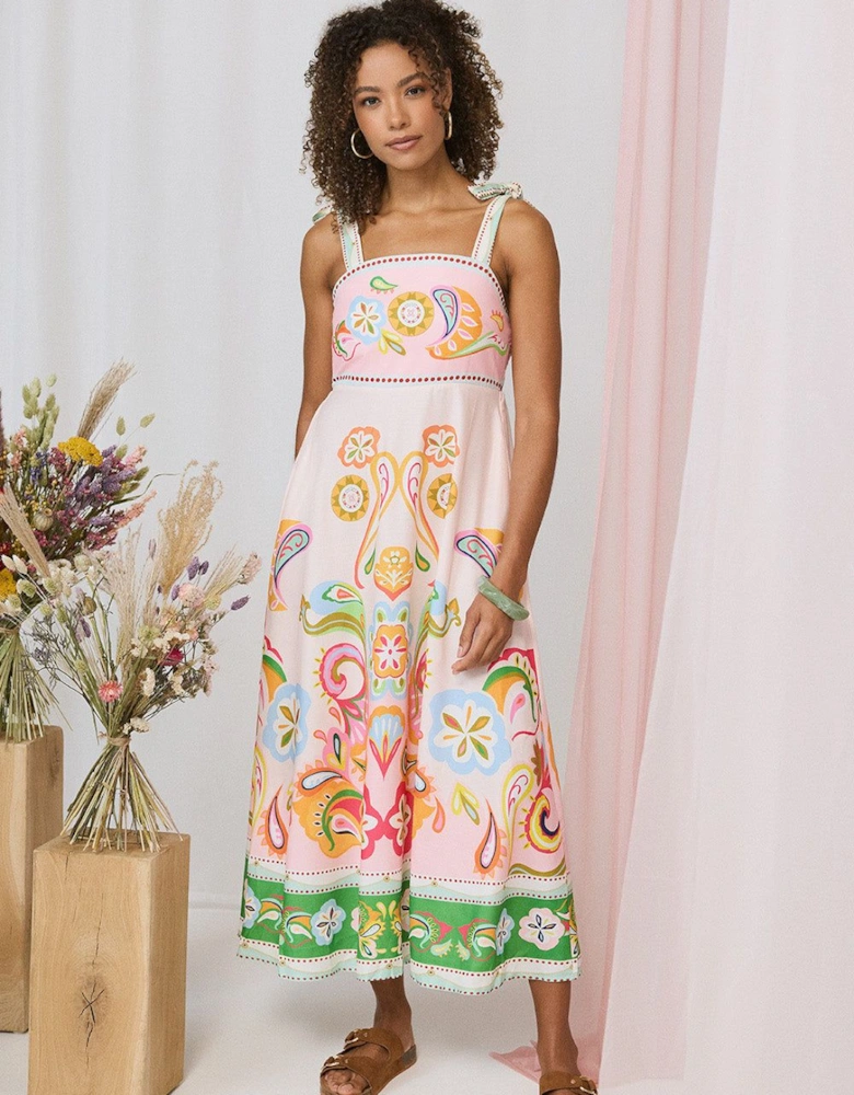 Paisley Print Tie Strap Sleeveless Midi Dress