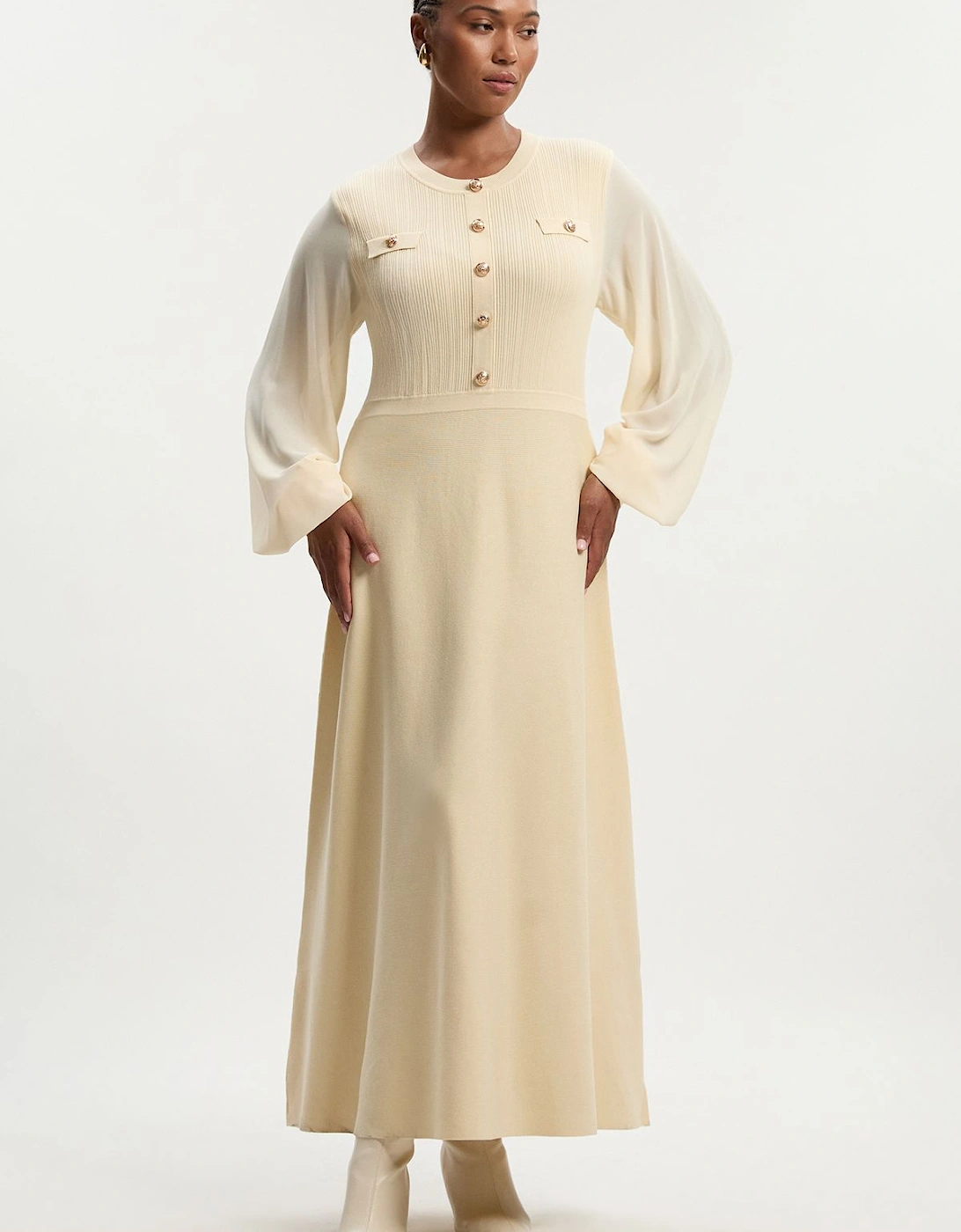 Plus Size Viscose Blend Maxi Knit Dress With Chiffon Sleeve Military Trim, 2 of 1