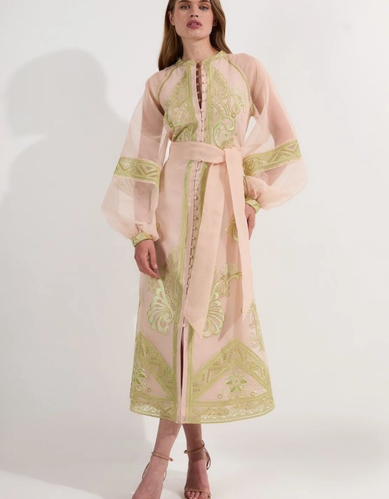 Embroidered Organdie Balloon Sleeve Woven Maxi Dress