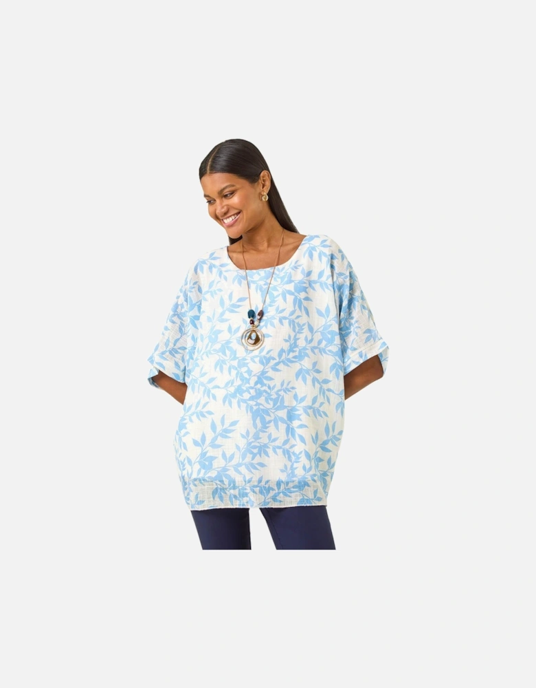 Leaf Print Necklace Detail Tunic Top